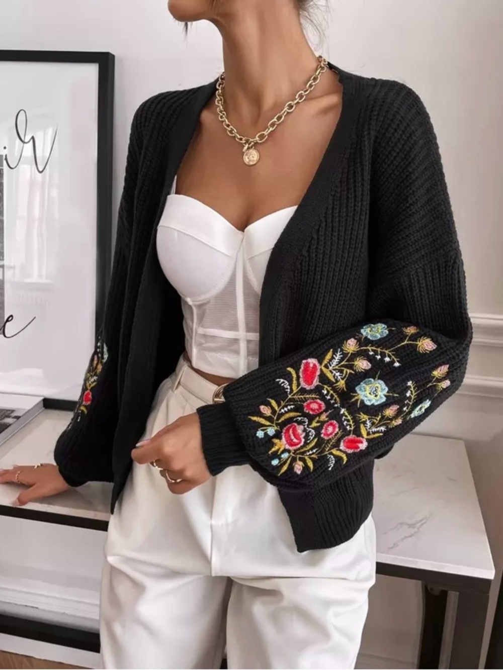 Black Embroidered Sleeve Open-Front Sweater Cardigan